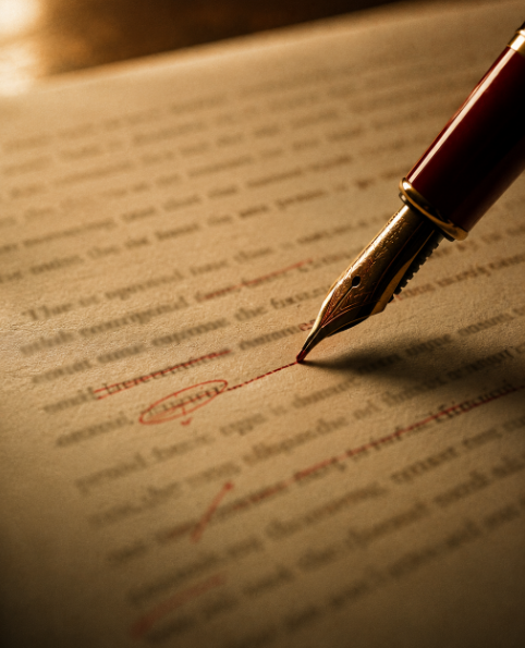 Manuscript page marked up in red ink with a fountain pen
