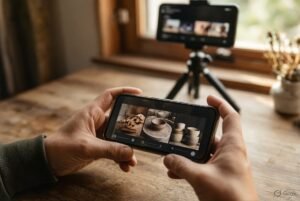 Hands holding a phone showing wooden bowl photos, with another phone on a tripod by a window.