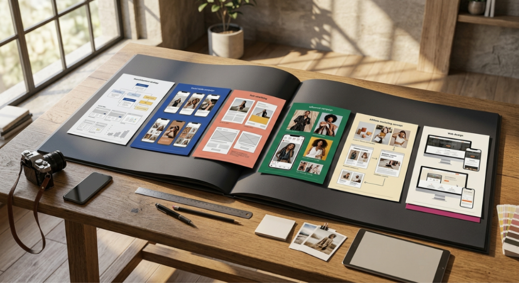 Physical presentation folio on a wood desk featuring case-study boards for SEO, social media, paid ads, and web design.