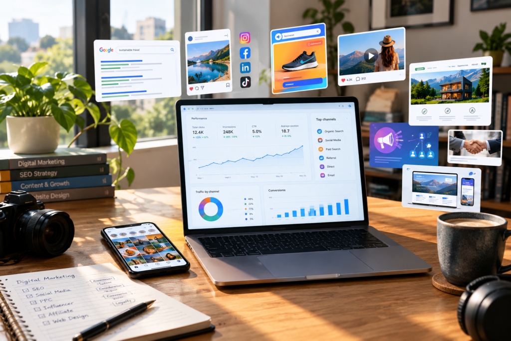 digital marketing workspace with laptop analytics dashboard, social media, advertising, SEO, and web design visuals